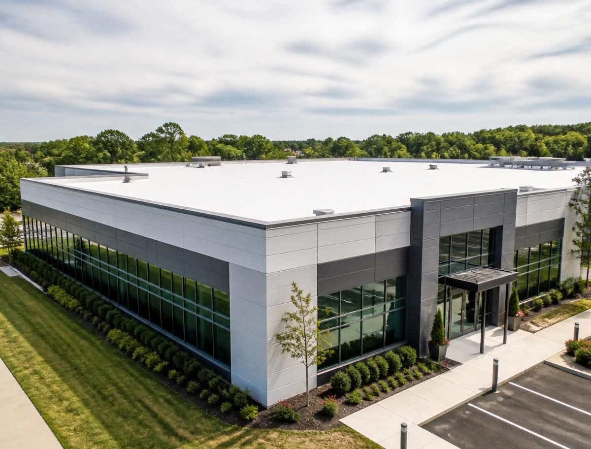 Low-slope membrane roof on a commercial office building