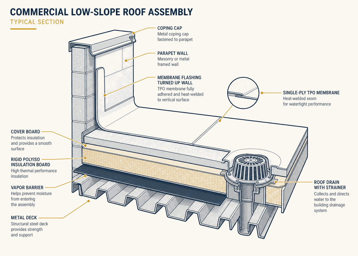 Cutaway illustration of a commercial low-slope roof assembly with metal deck, vapor barrier, insulation, cover board, membrane, parapet flashing, and a roof drain