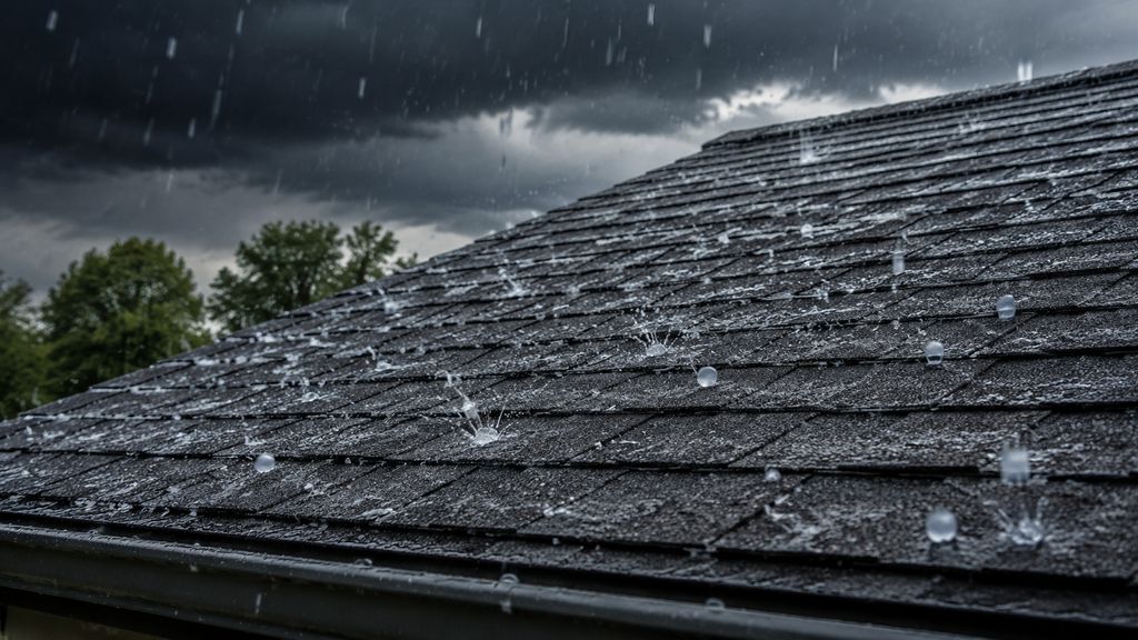 Hailstones impacting an asphalt shingle roof during a North Alabama storm
