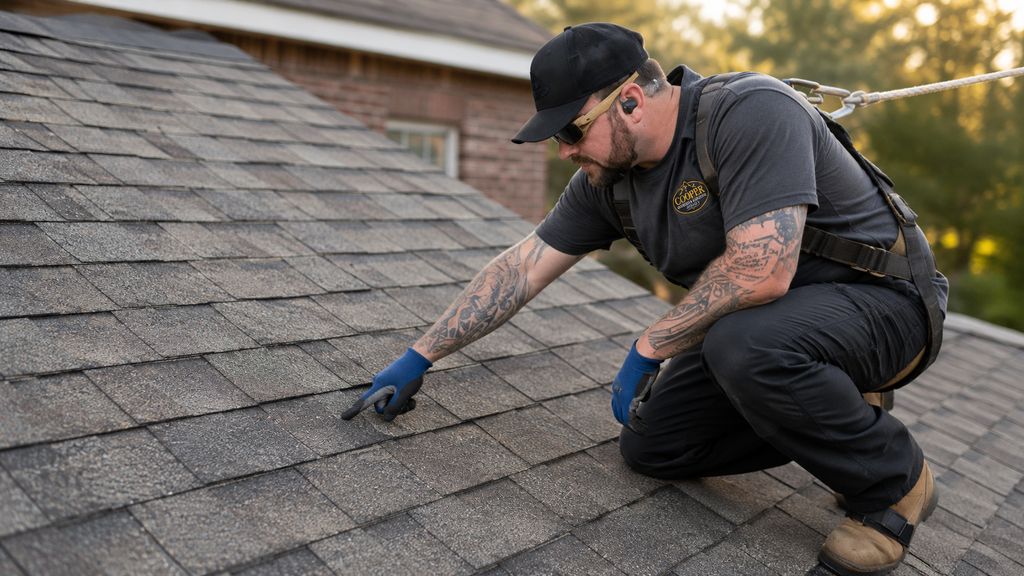 Cooper roofing inspector examining asphalt shingles up close on a North Alabama home