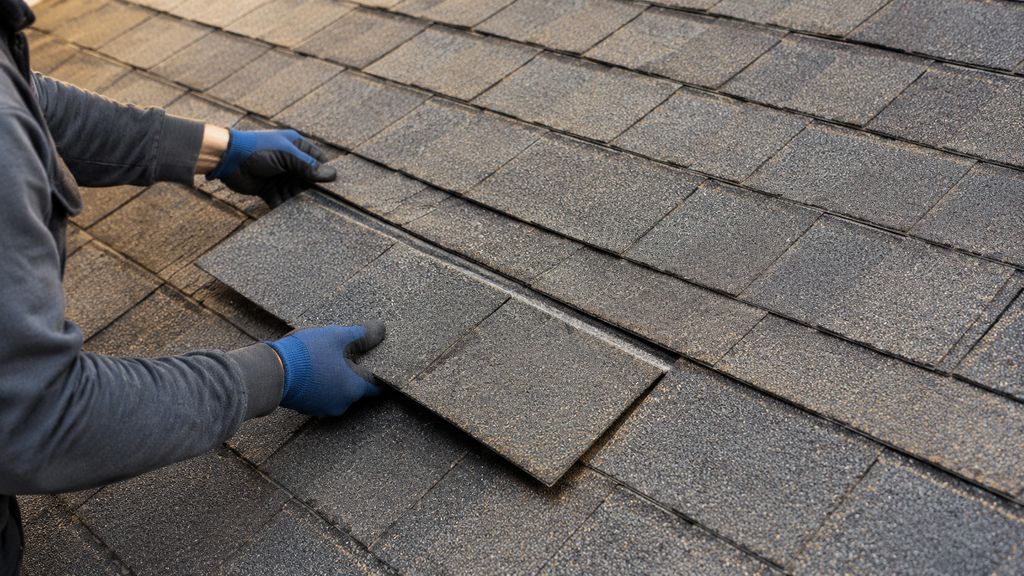 Cooper technician replacing damaged asphalt shingles during a roof repair